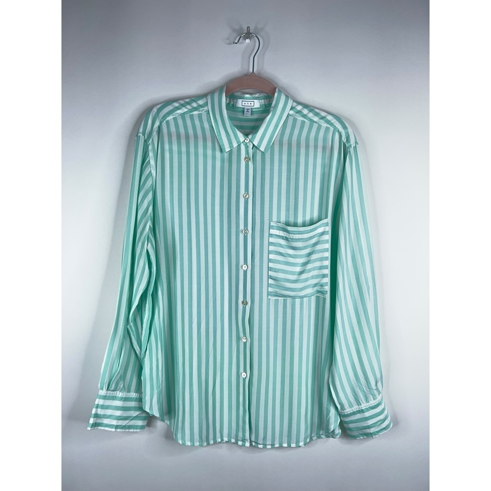 AYR Light Green Striped Button Down Shirt Long Sleeve Viscose Silk Blend XL